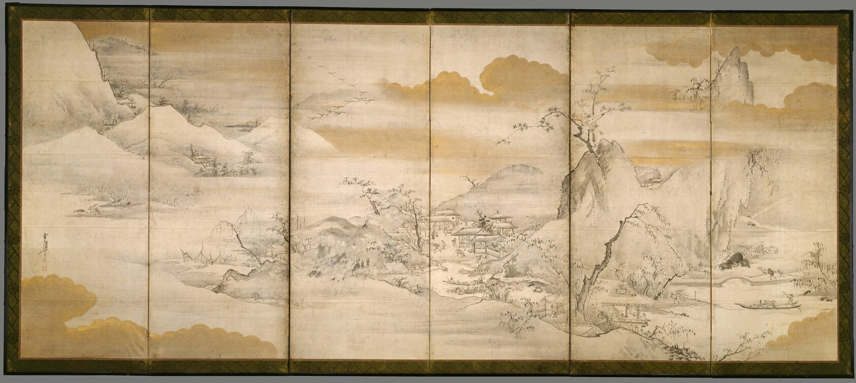 A work made of pair of six-fold screens; ink, colors, and gold paint on paper.