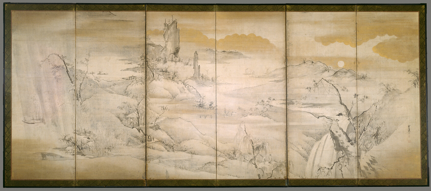 A work made of pair of six-fold screens; ink, colors, and gold paint on paper.