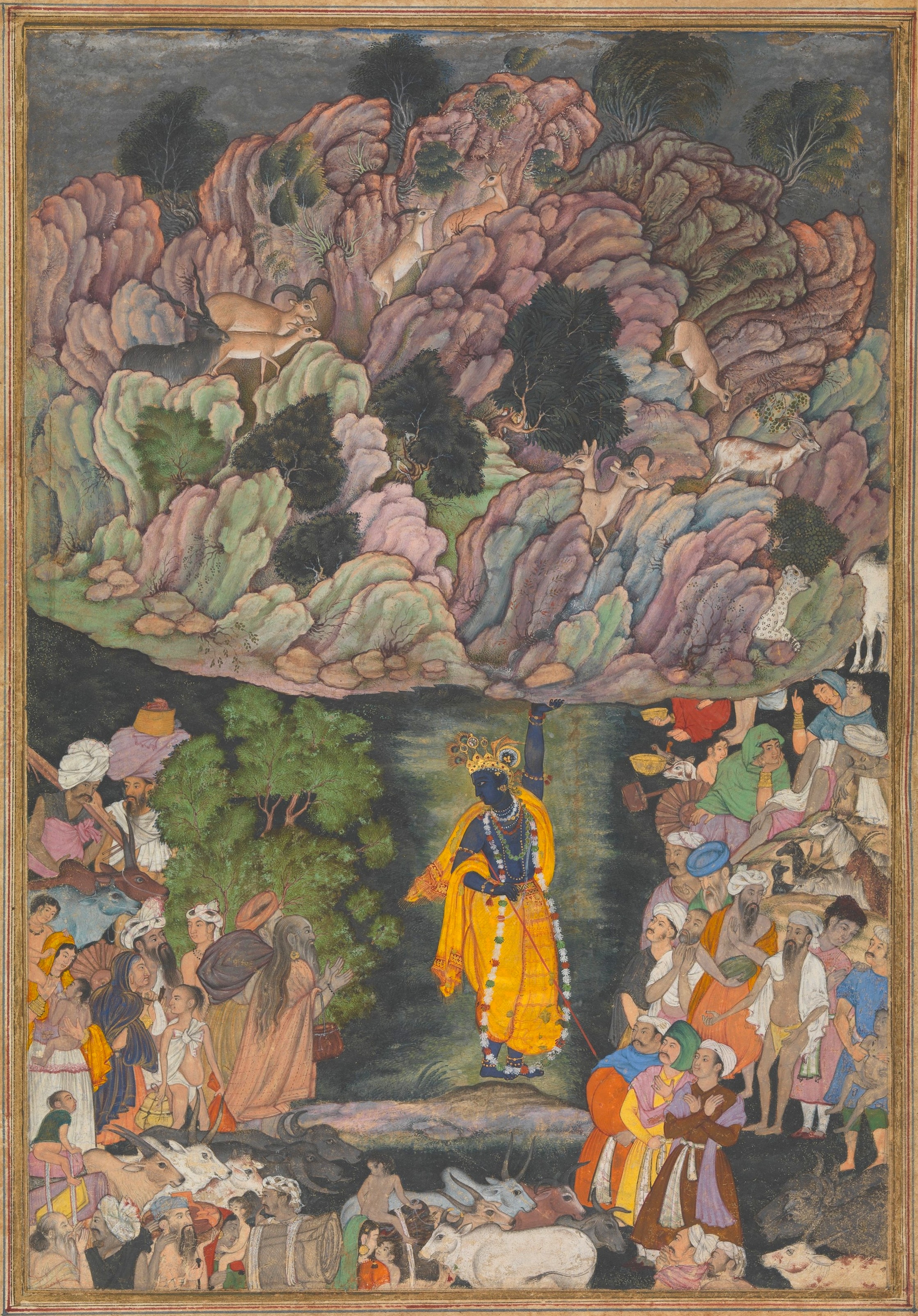 Krishna Holds Up Mount Govardhan to Shelter the Villagers of Braj, ca.1590–95, The Met by Miskin
