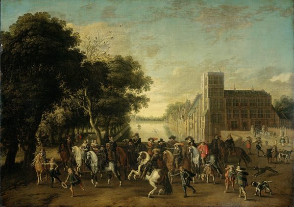 Prince Maurits, Accompanied by Prince Frederik Hendrik, Frederick V of Bohemia and his Wife Elizabeth Stuart, and others, on the Buitenhof, The Hague by Paulus van Hillegaert (I)