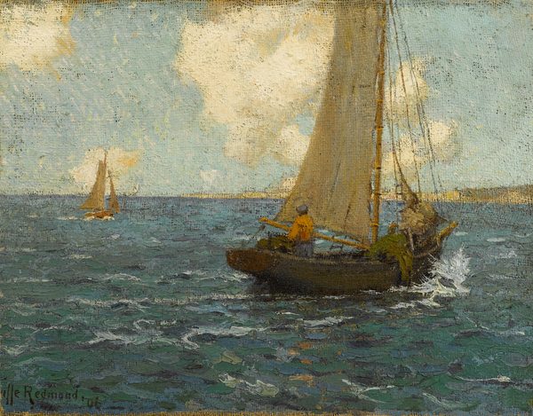 Sailboats on calm seas by Granville Redmond