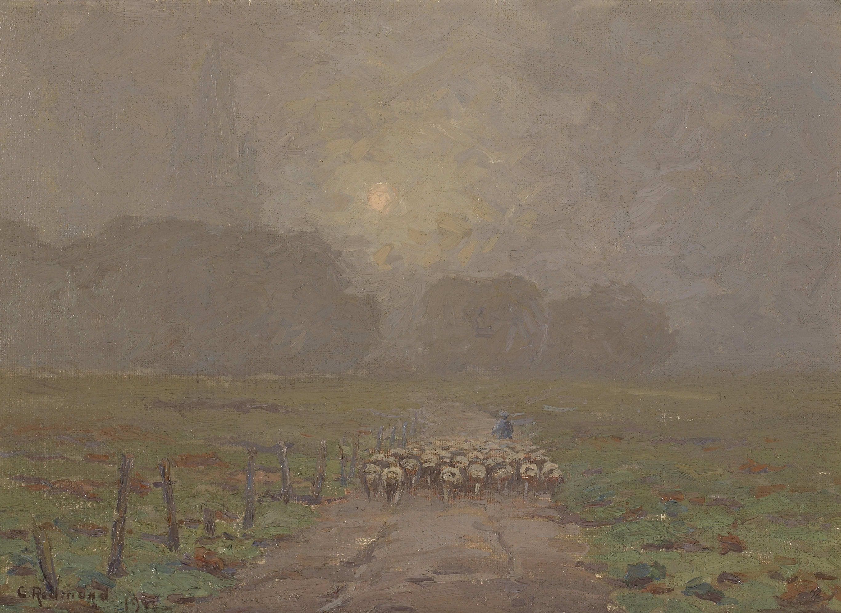 Shepherd Herding Sheep in a Misty Landscape by Granville Redmond