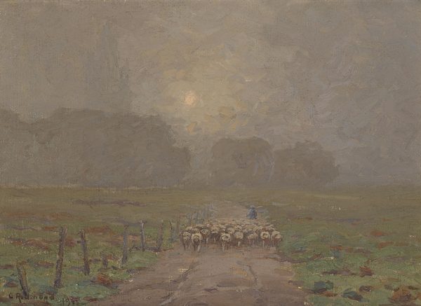 Shepherd Herding Sheep in a Misty Landscape by Granville Redmond