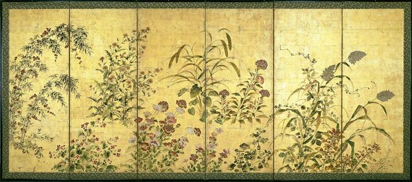 A work made of pair of six-panel screens; ink, color, and gold on paper.