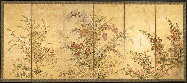 A work made of pair six-panel screen; ink, color and gold on paper.