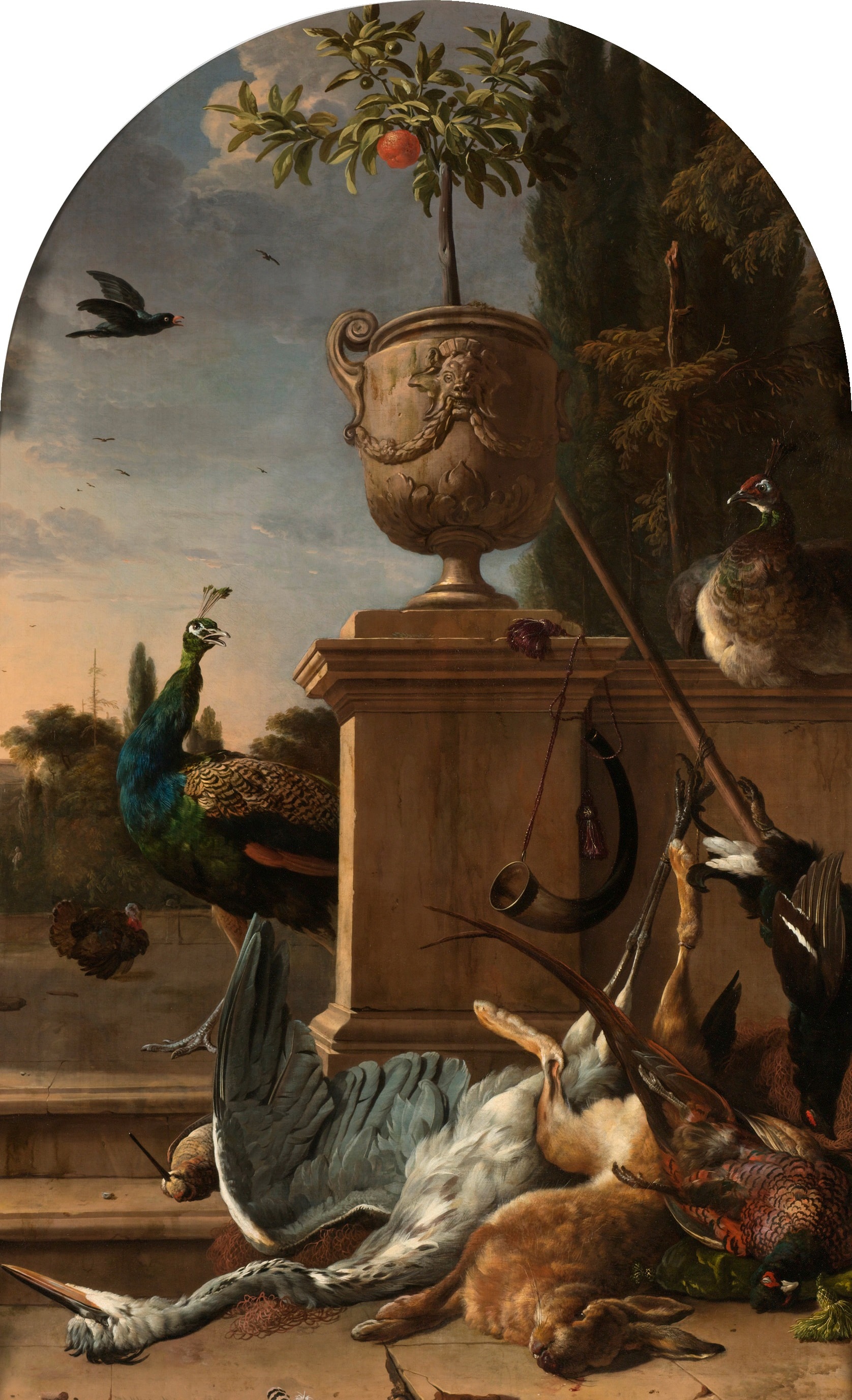 A hunter's bag on a terrace. by Melchior d'Hondecoeter