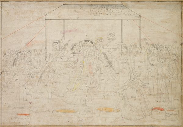 Krishna being dressed in women’s clothes for the spring festival Holi