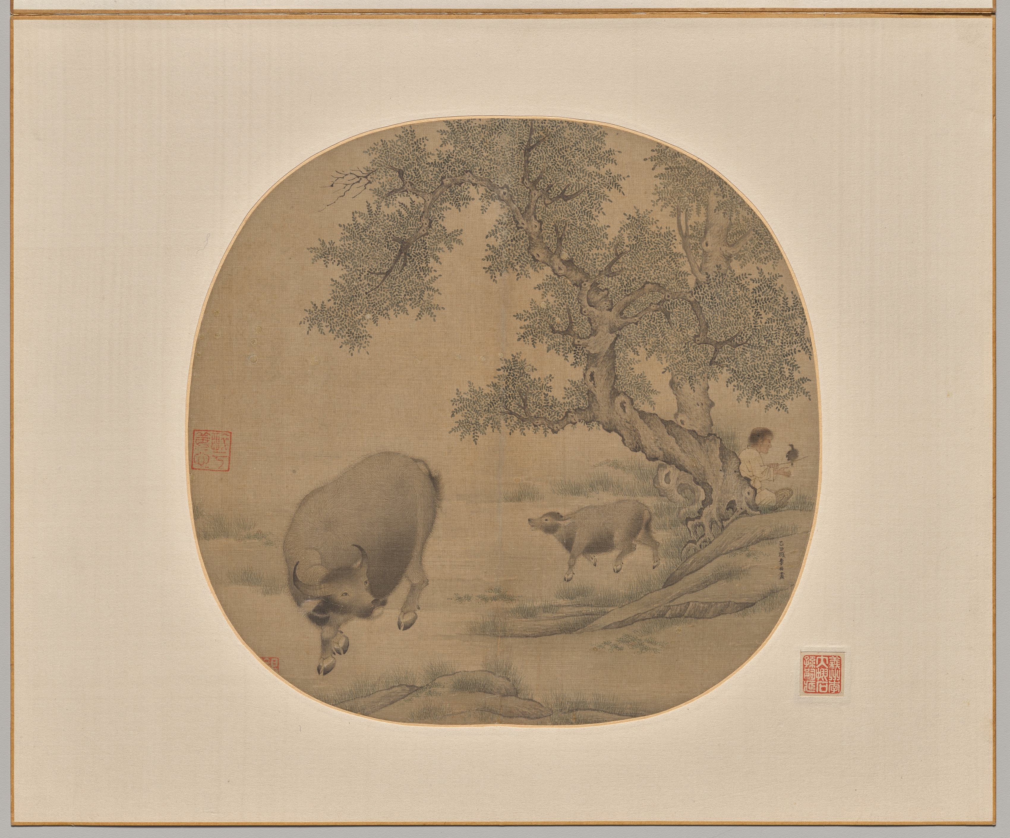 Man, Buffalo, and Calf