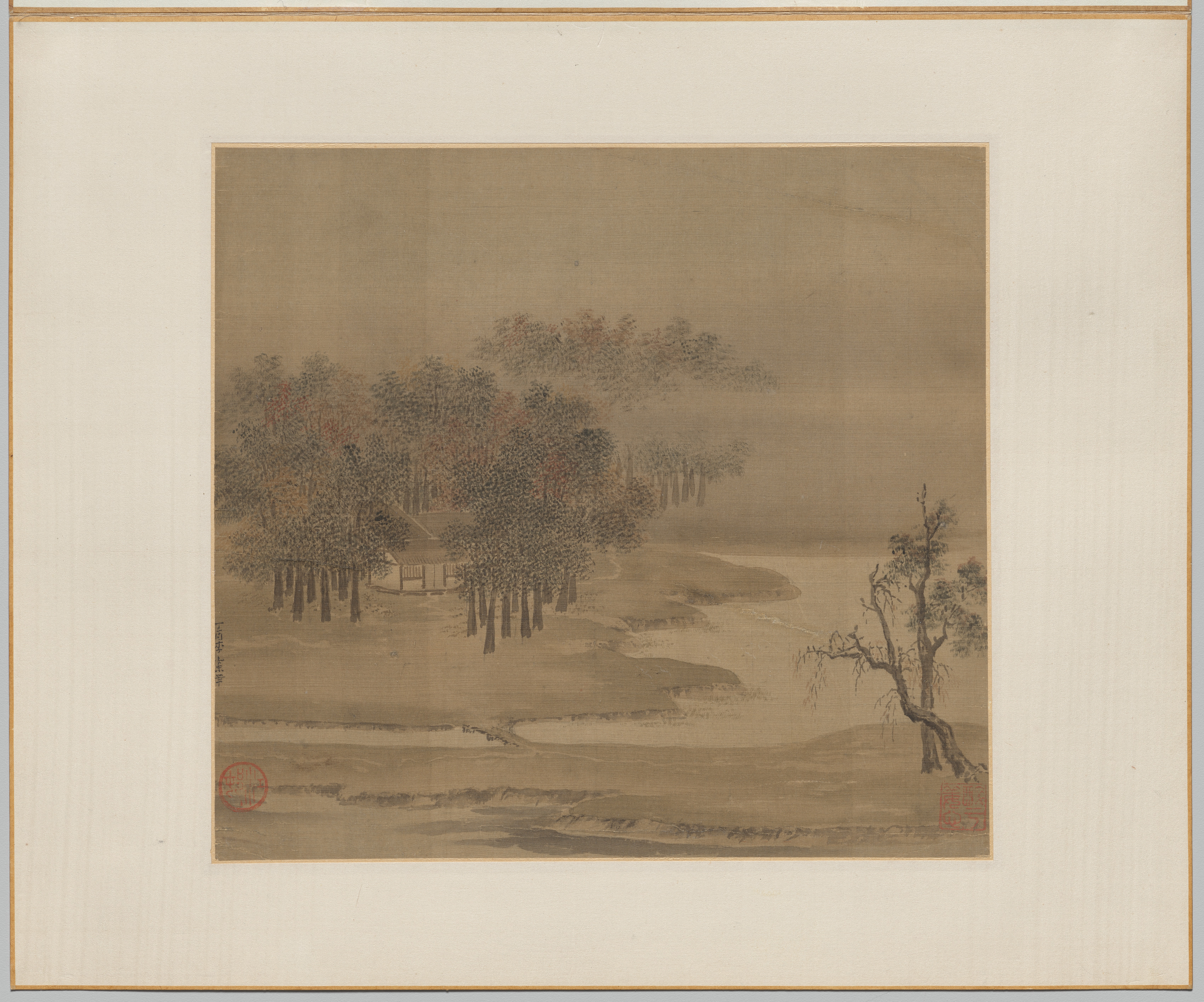 Cottages in a Misty Grove in Autumn