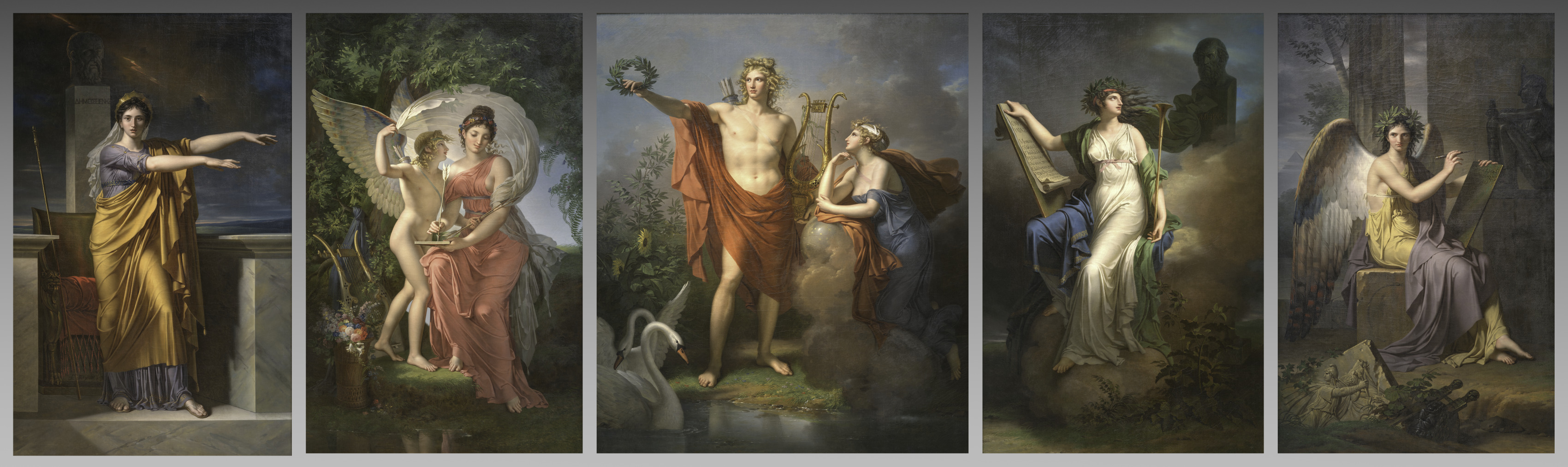 Polyhymnia, Muse of Eloquence; Erato, Muse of Lyrical Poetry; Apollo, God of Light, Eloquence, Poetry, and the Fine Arts with Urania, Muse of Astronomy; Calliope, Muse of Epic Poetry; Clio, Muse of History