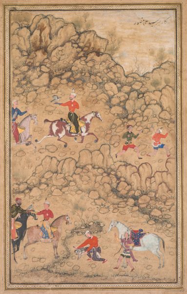 Hunting with falcons in a landscape (recto)