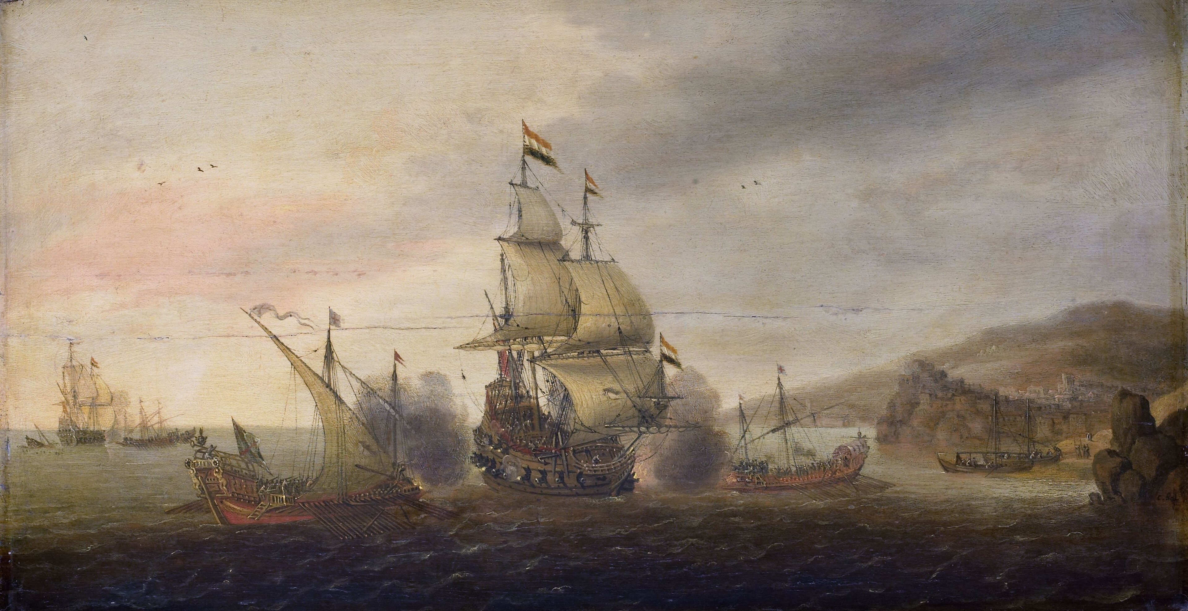 Naval Battle between Dutch Men-of-War and Spanish Galeys . by Cornelis Bol