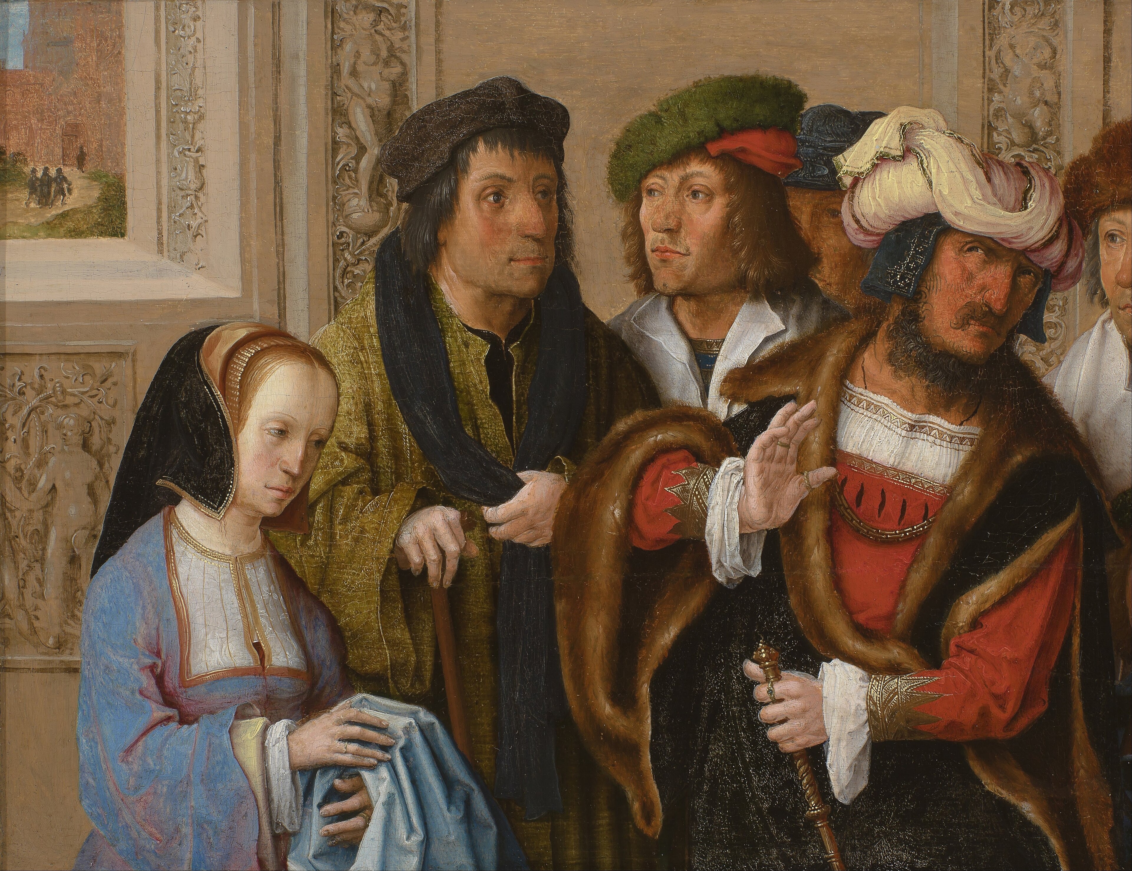 Potiphar's wife shows her husband Joseph's cloak. In the background: Joseph being taken to prison . by Lucas van Leyden