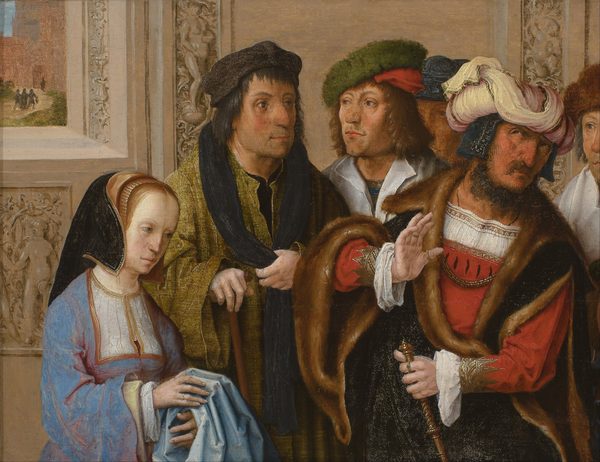 Potiphar's wife shows her husband Joseph's cloak. In the background: Joseph being taken to prison . by Lucas van Leyden
