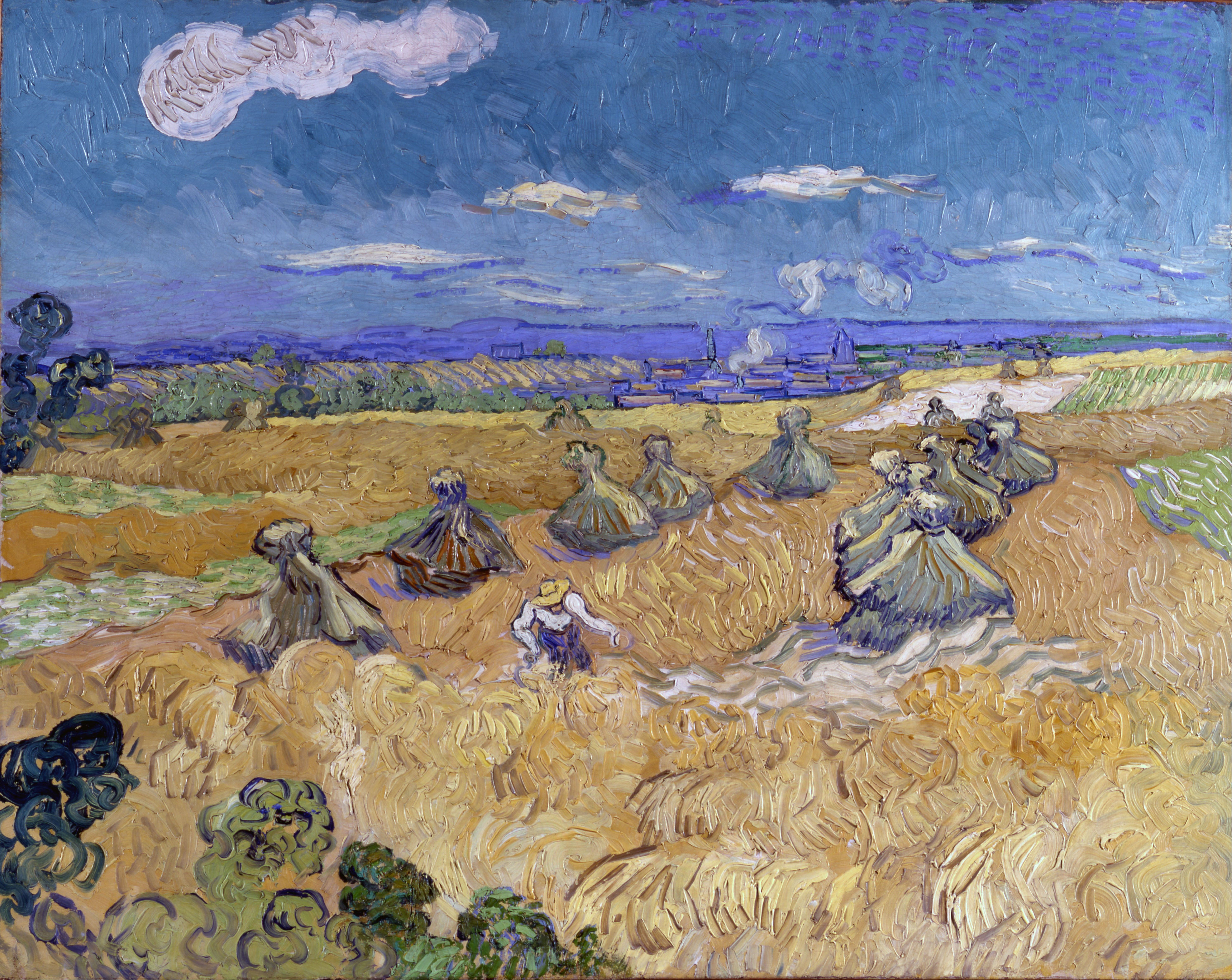 Wheatfield with sheaves and reaper, 1888-06, by Vincent van Gogh