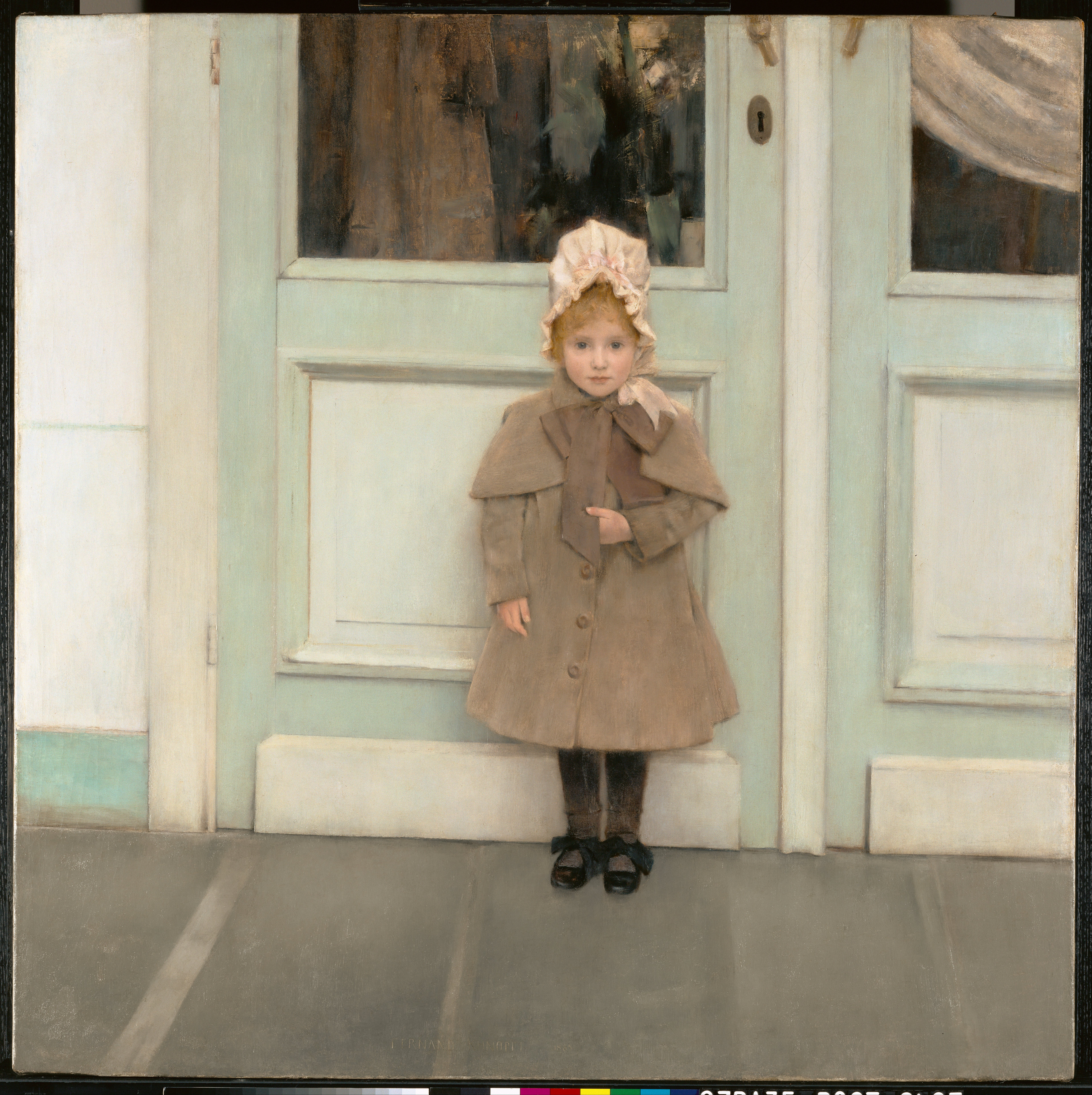 Khnopff: a small child standing at a large doorway.