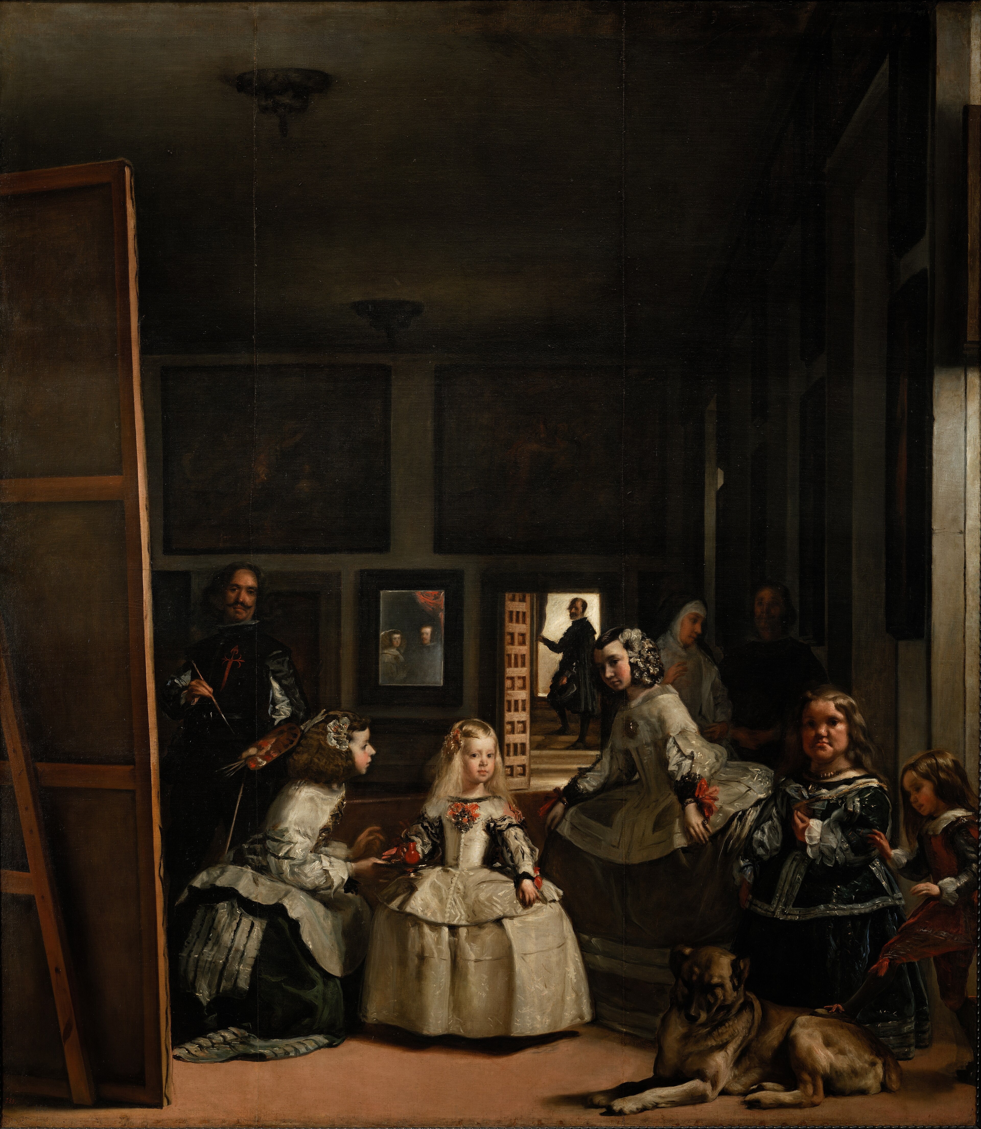 Velázquez: a princess and attendants in a palace room, with the painter, a mirror and an open doorway.