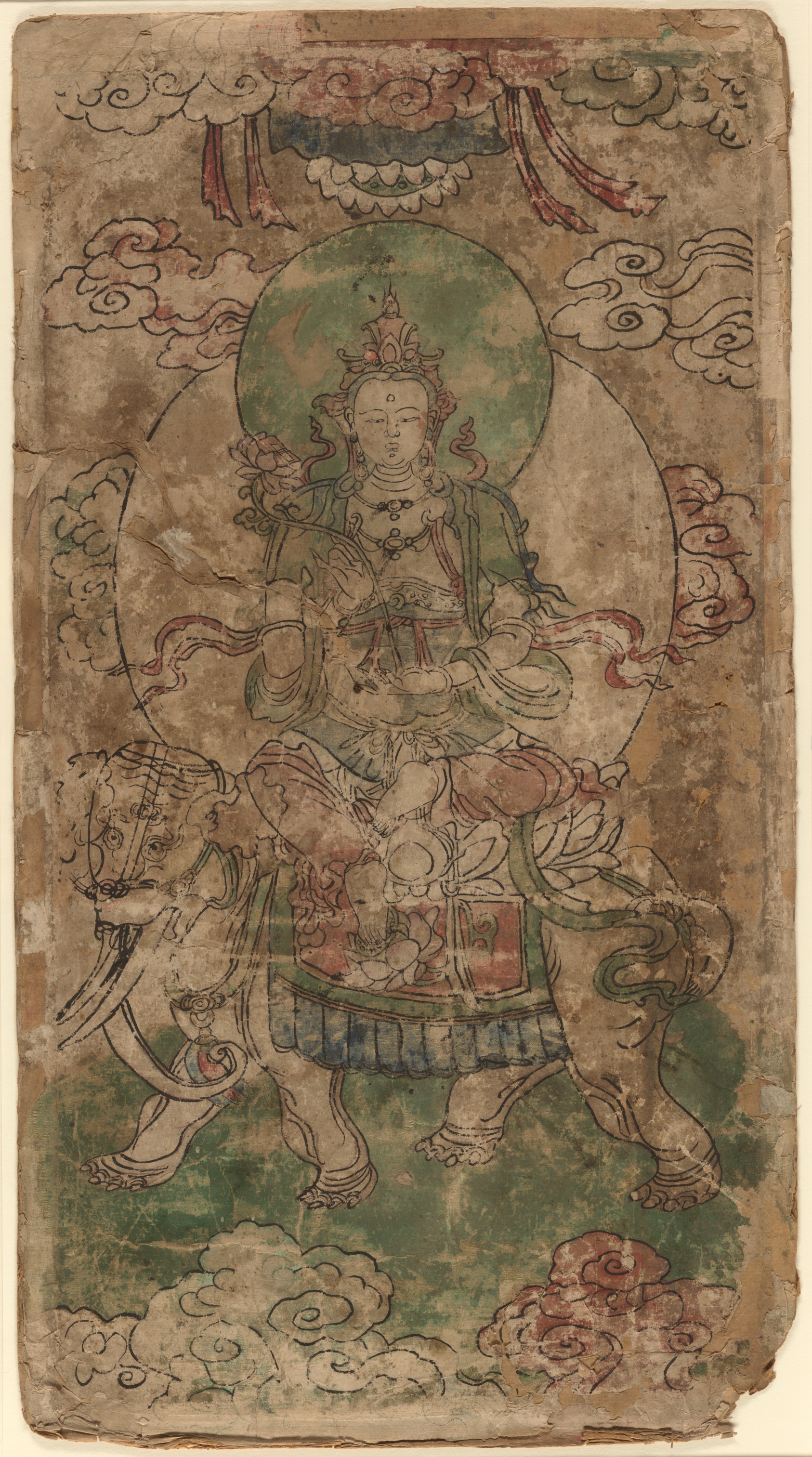A work made of framed banner; ink and colors on silk.