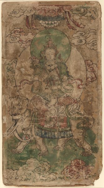 A work made of framed banner; ink and colors on silk.