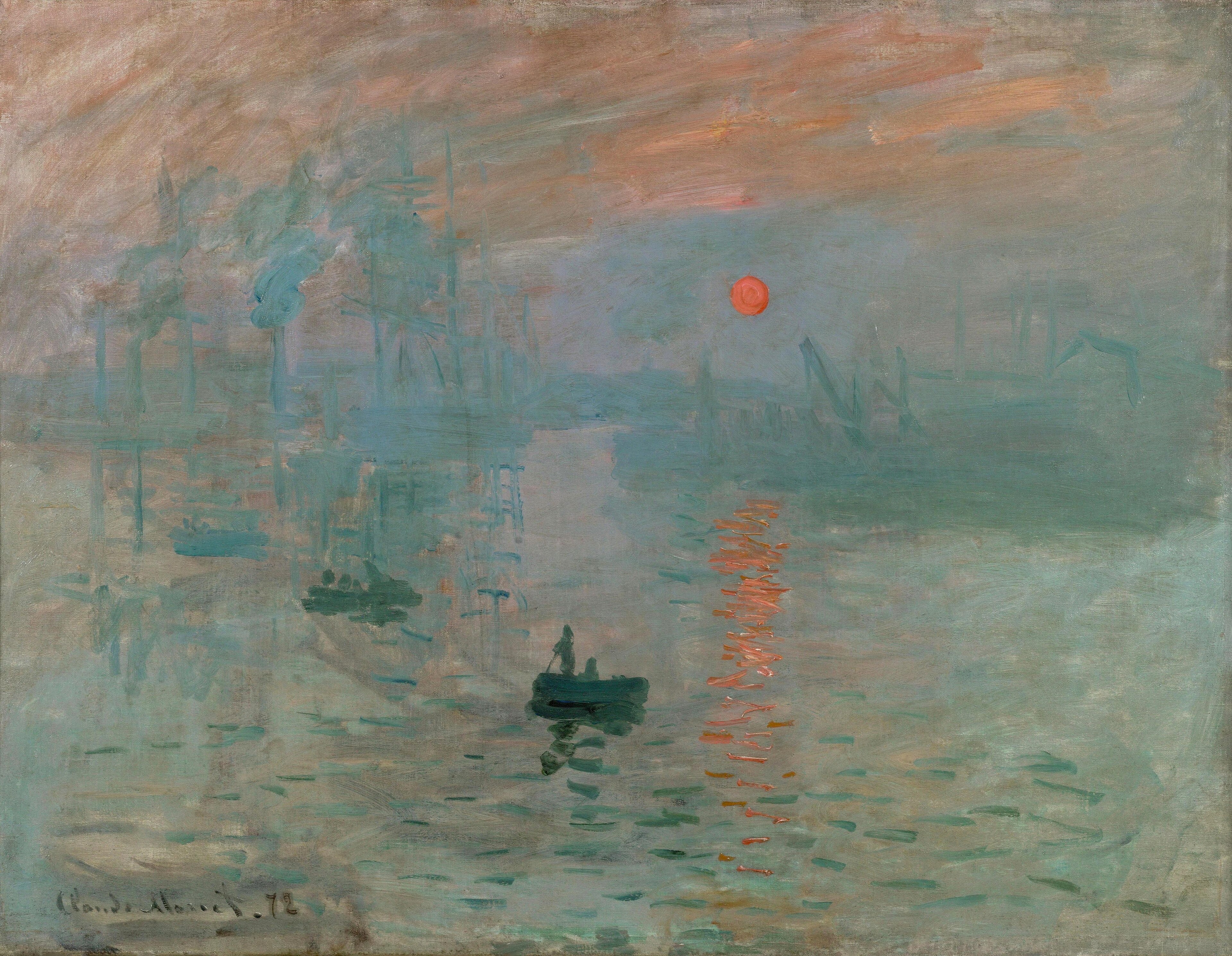 Monet: an orange sun and its reflection above a misty harbor with dark foreground boats.
