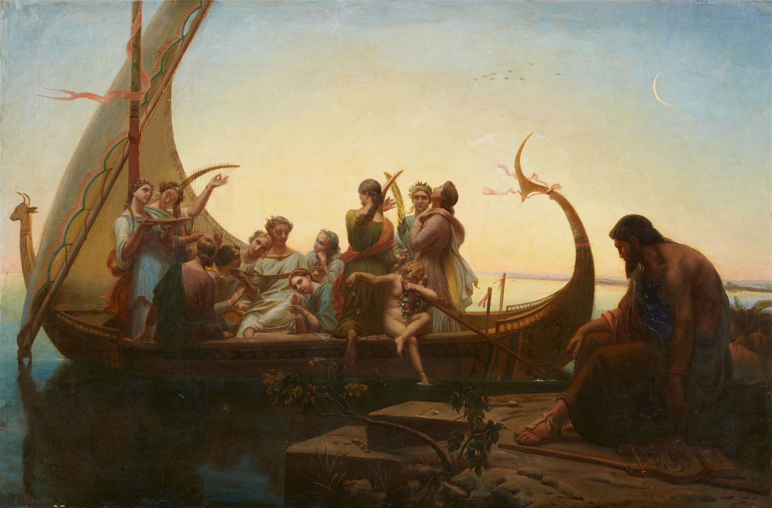 Greek mythological figures on a boat near a pier by Louis-Marie Baader