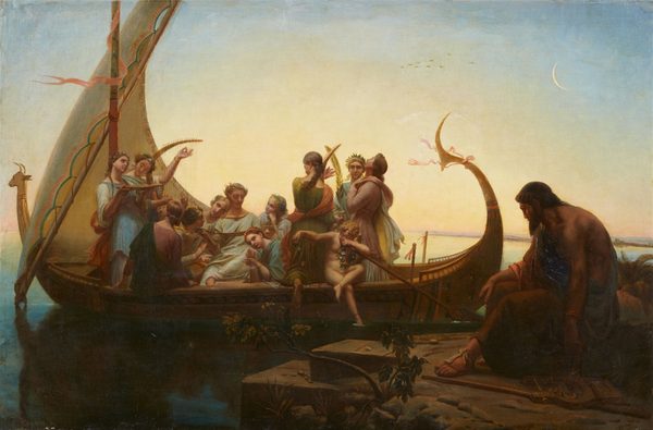 Greek mythological figures on a boat near a pier by Louis-Marie Baader