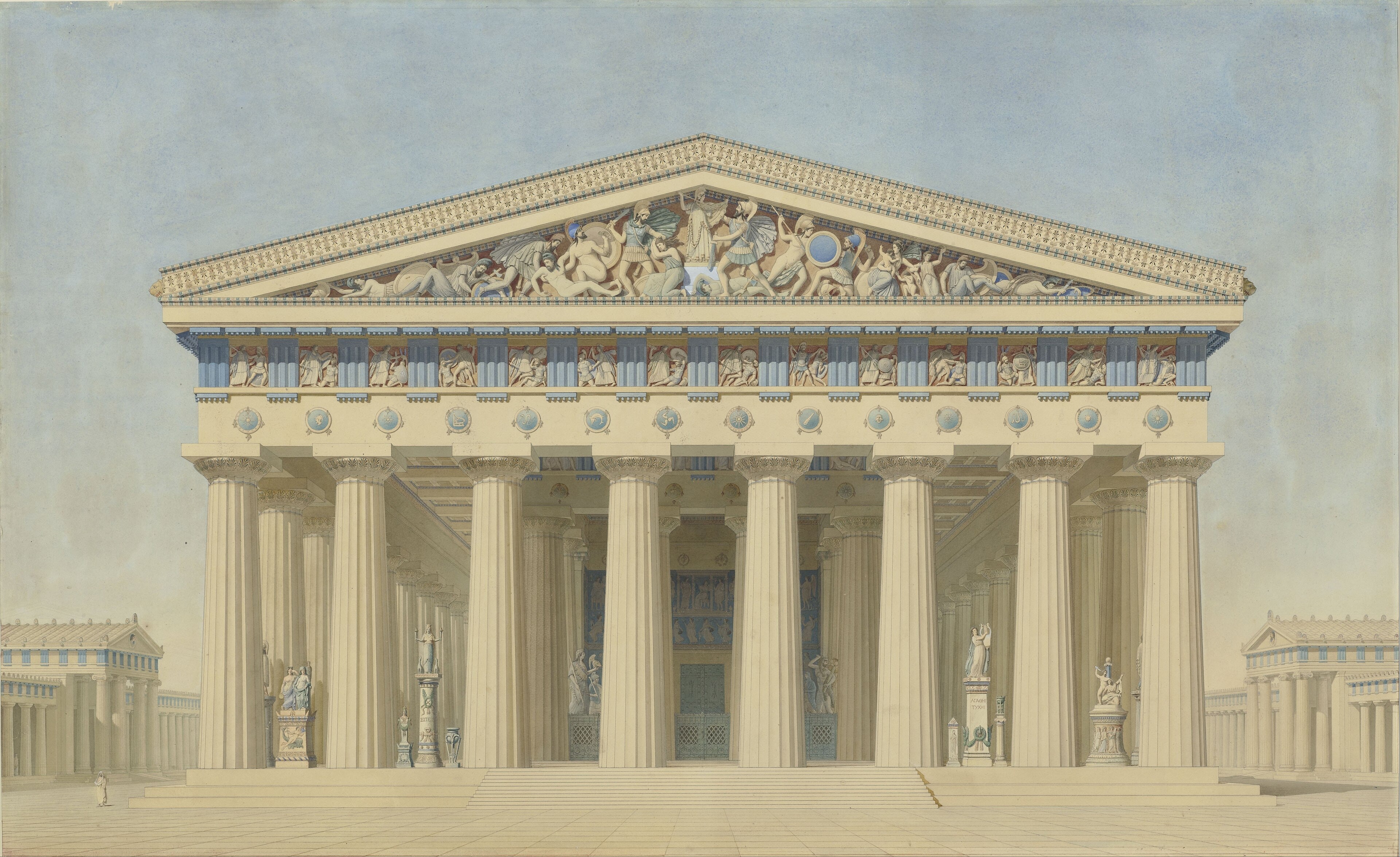Temple T à Sélinonte (Sicile), élévation restituée de la façade principale by Jacques Ignace Hittorff
