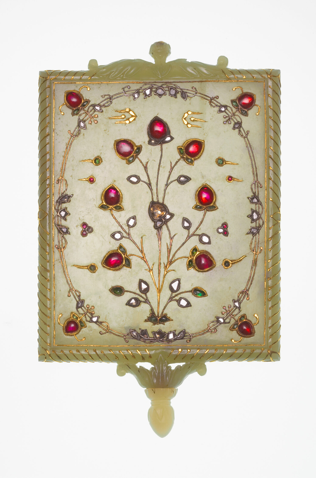 Tan jade frame with ruby, diamond, emerald flower designs.