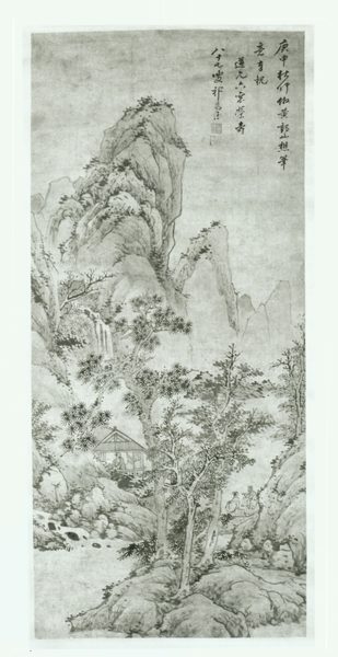 A work made of hanging scroll; ink and light color on paper.