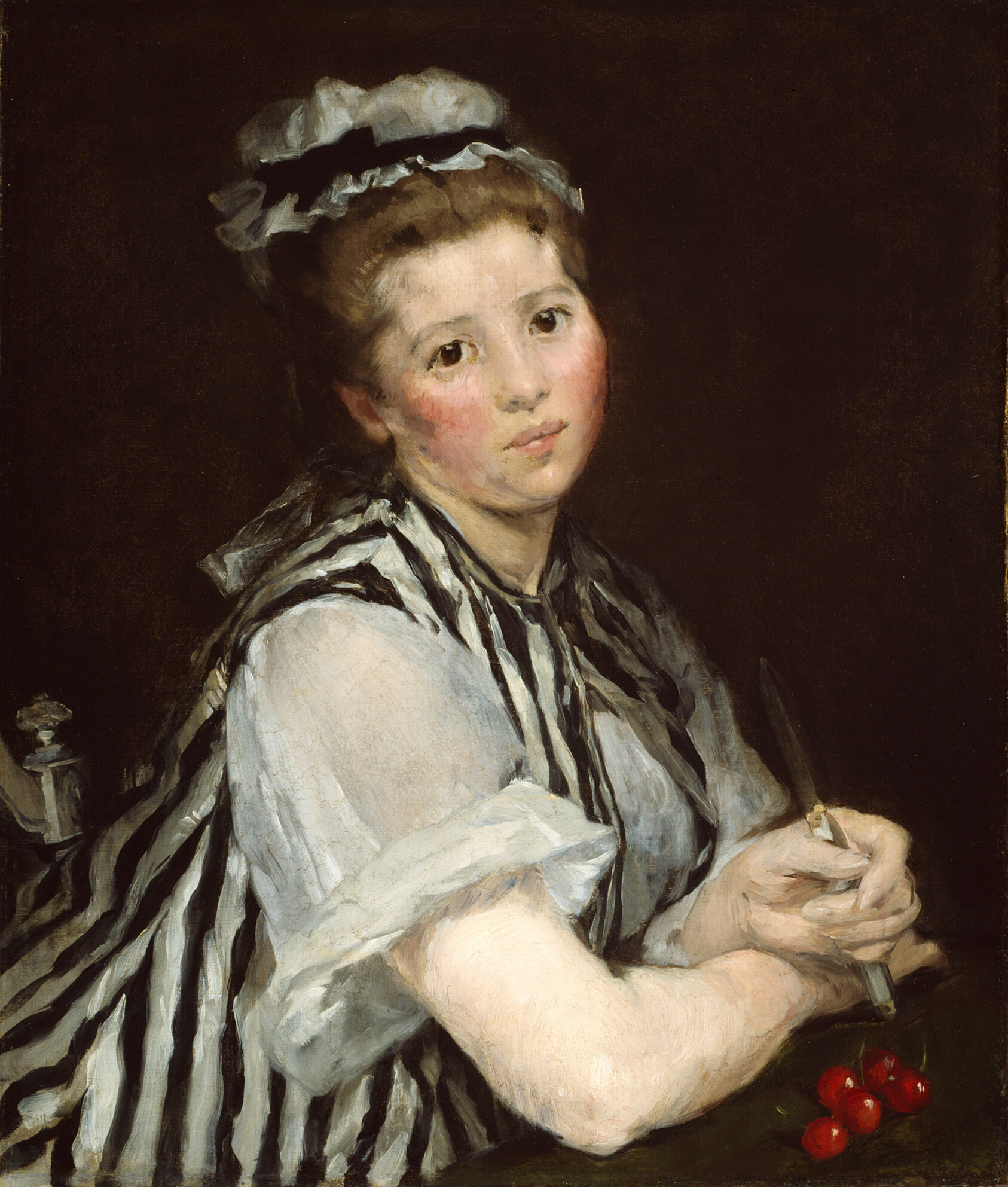 Painting of a young woman in a black and white striped gown, seated at a table with cherries, staring directly at the viewer.