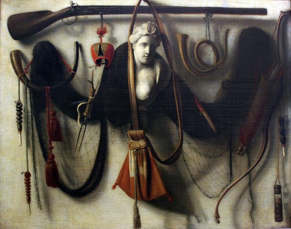 Trompe l'oeil still life with hunting equipment by Christoffel Pierson