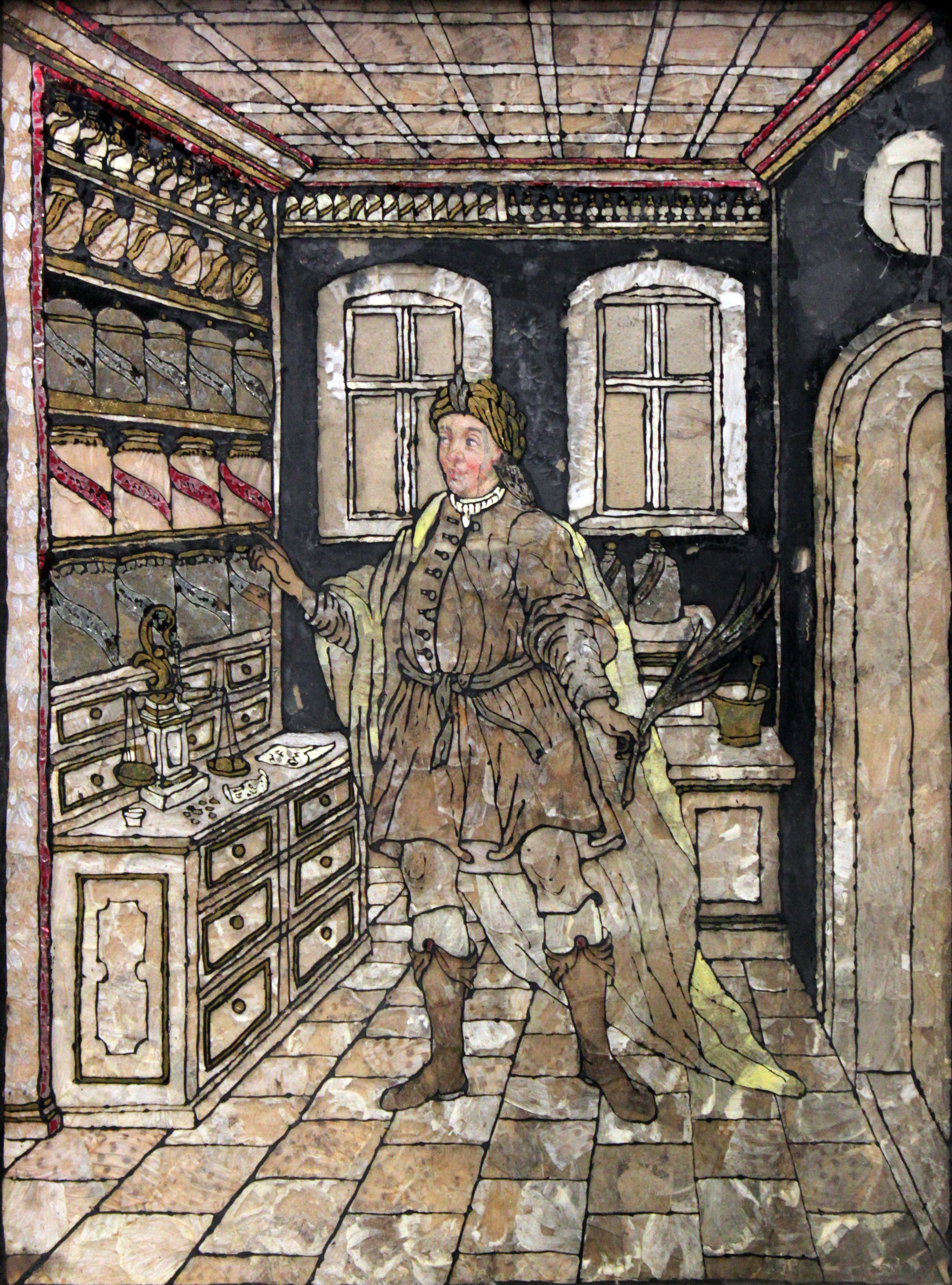 Pharmacist in antique-costume in his office; painting on gelatin, underlaid by butterfly wings by unknown, Southern Germany