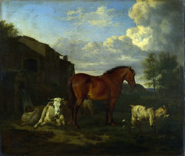 A Bay Horse , a Cow, a Goat and Three Sheep near a Building by Adriaen van de Velde