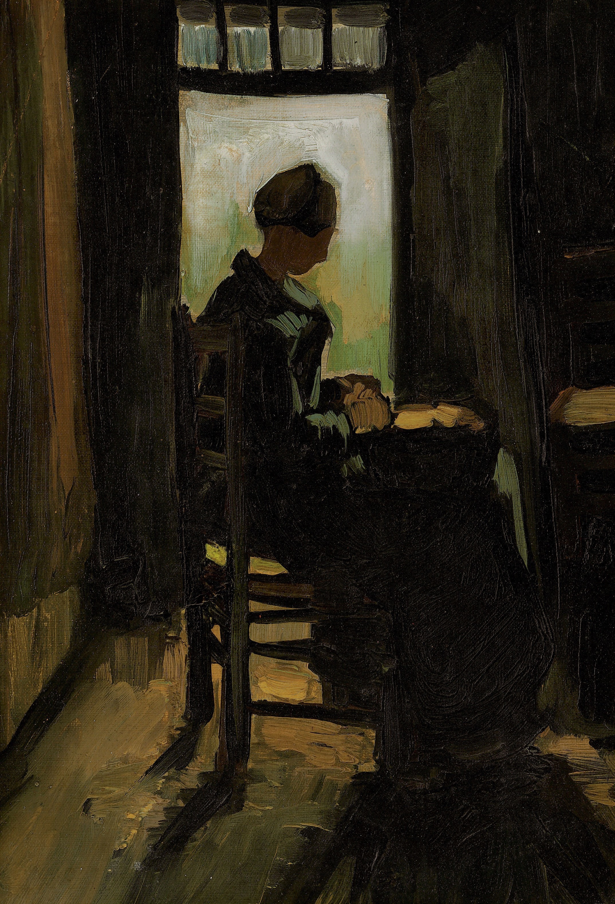 Peasant Woman Seated Before an Open Door, Peeling Potatoes, 1885-03, by Vincent van Gogh