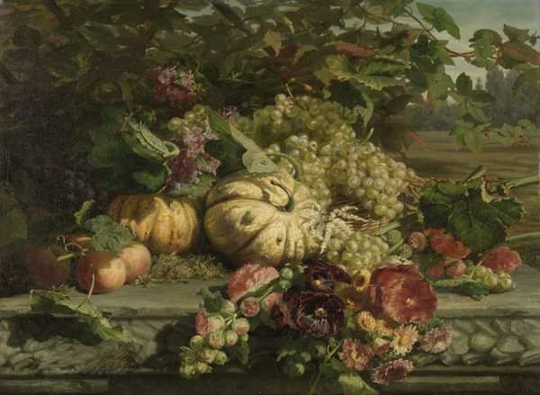 Dutch: Stilleven met bloemen en vruchten by Gerardina Jacoba van de Sande Bakhuyzen