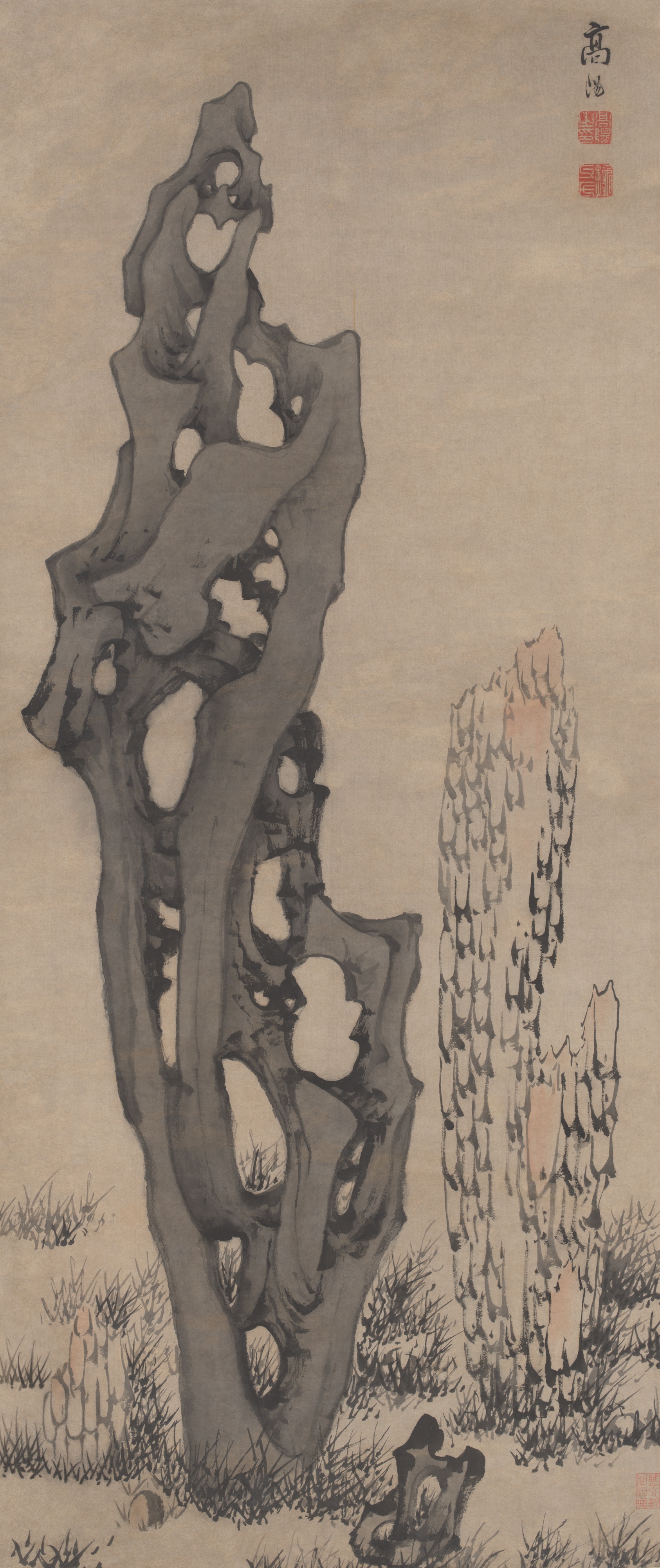 A work made of hanging scroll; ink and light color on paper.