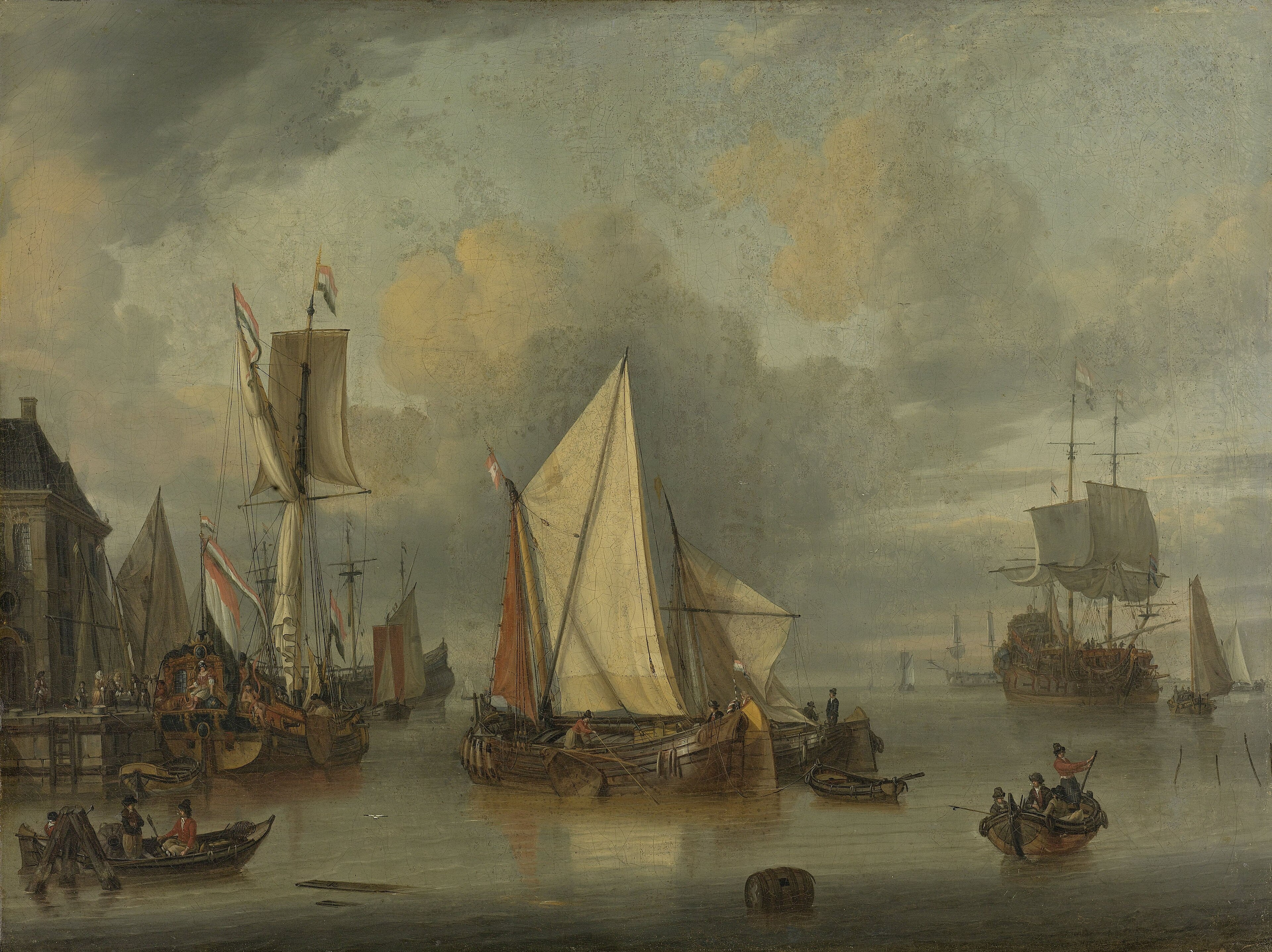 Ships in the harbor in calm weather by Jan Claesz Rietschoof