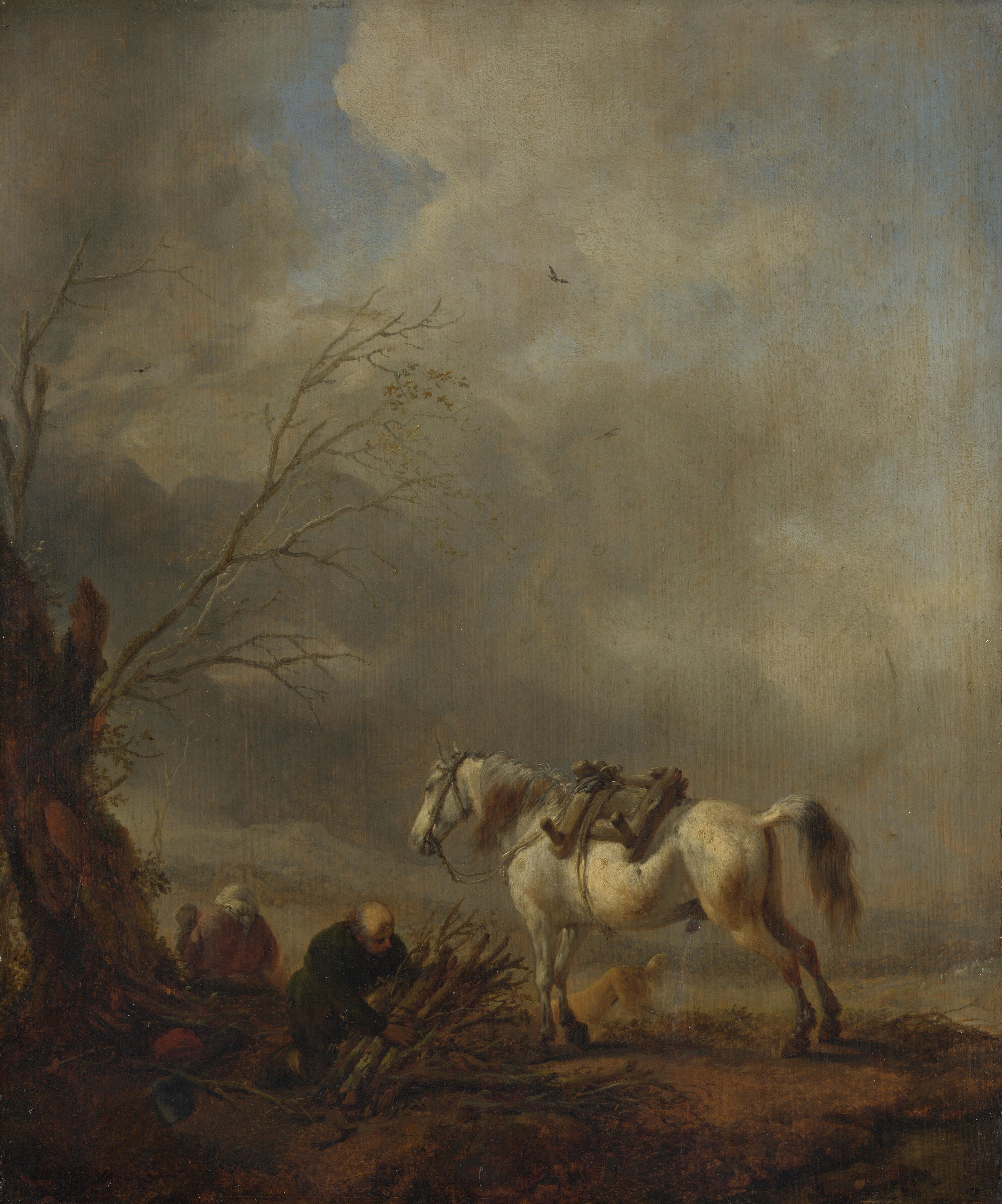 A White Horse, and an Old Man binding Faggots / Horse with pack saddle by Philips Wouwerman
