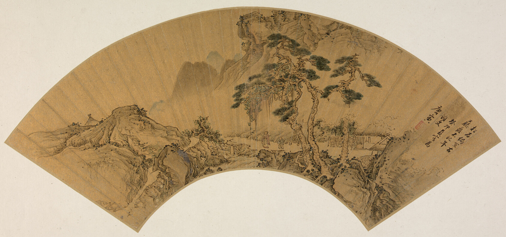 A work made of folding fan mounted as an album leaf; ink and color on gold paper.