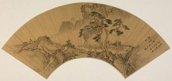 A work made of folding fan mounted as an album leaf; ink and color on gold paper.