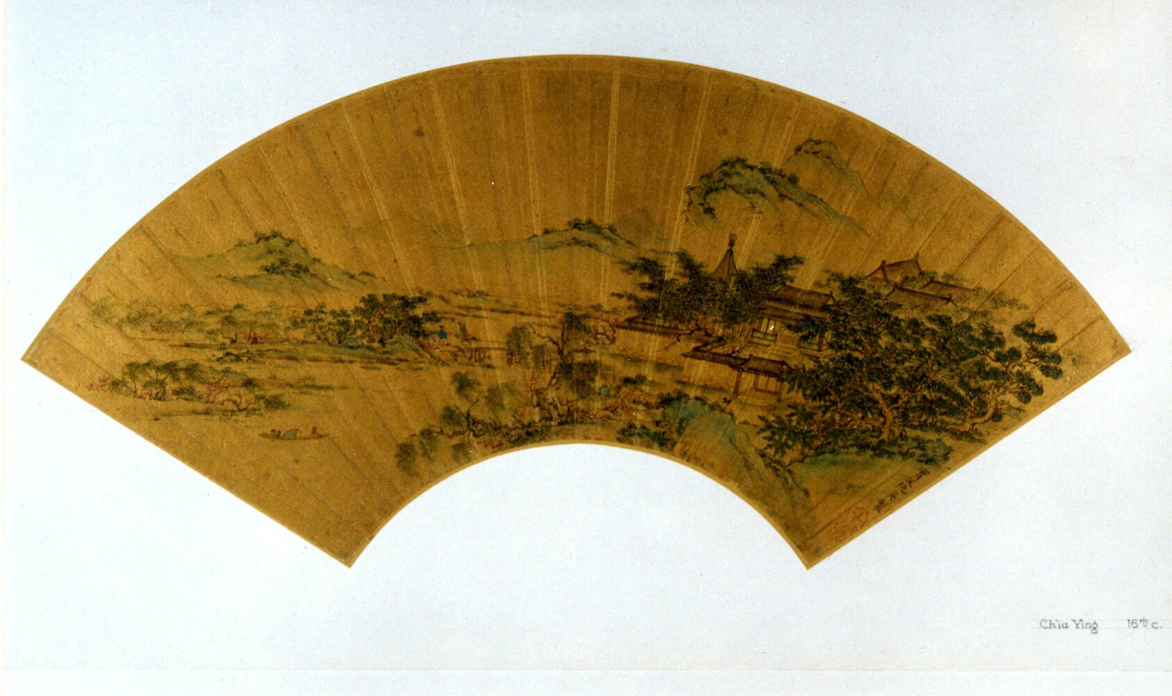 A work made of folding fan mounted as an album leaf; ink and color on gold paper.