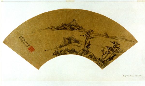 A work made of folding fan mounted as an album leaf; ink on gold paper.