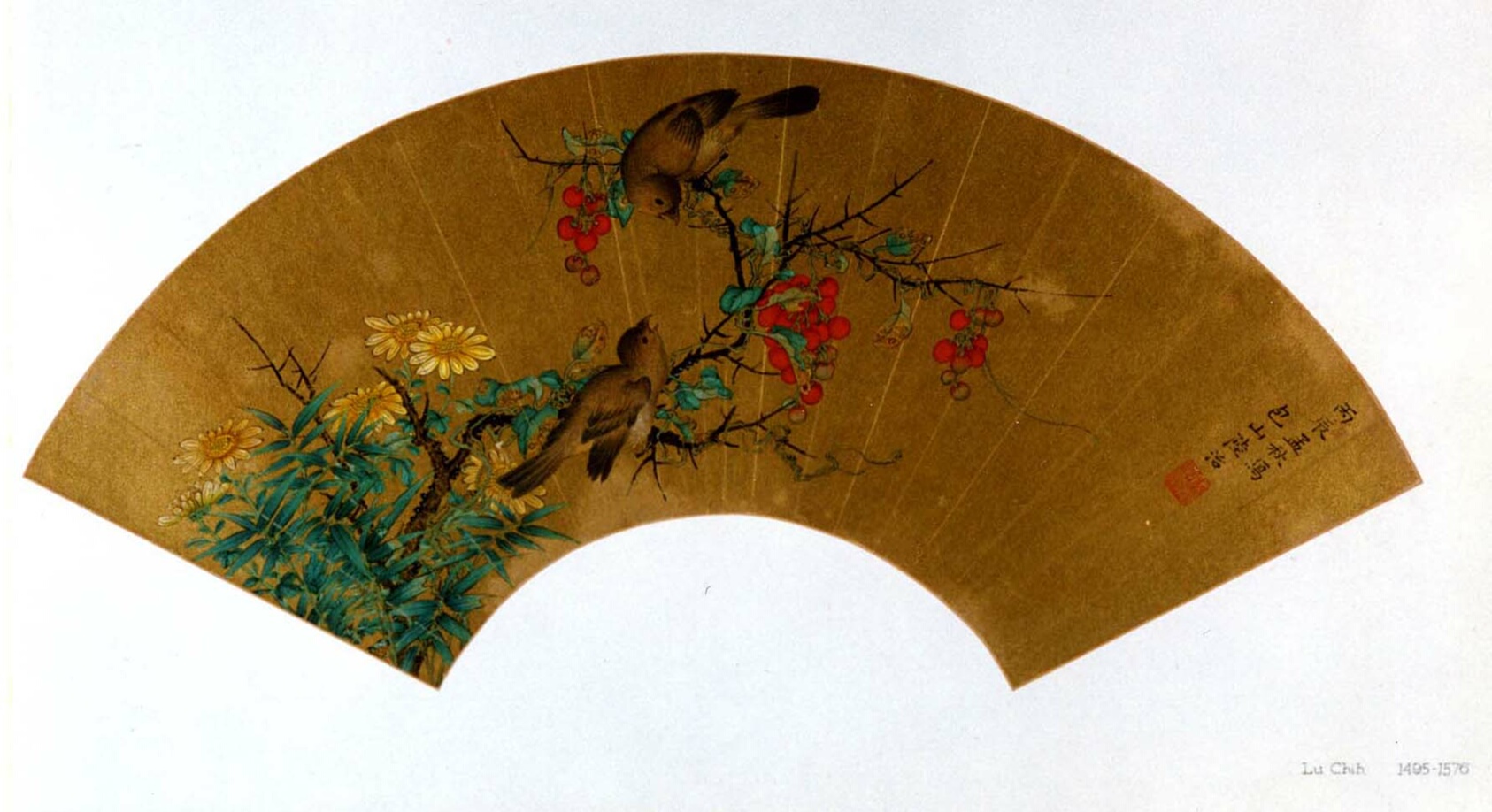 A work made of folding fan mounted as an album leaf; ink and color on gold paper.