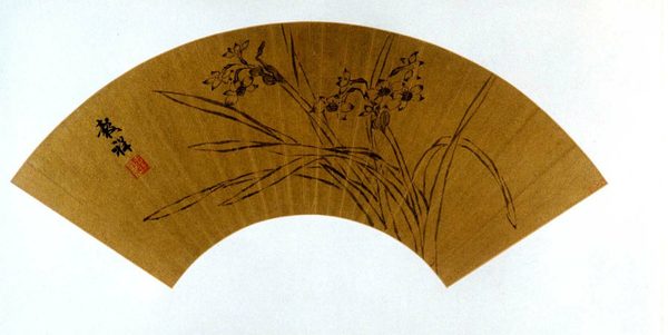 A work made of folding fan mounted as an album leaf; ink on gold paper.