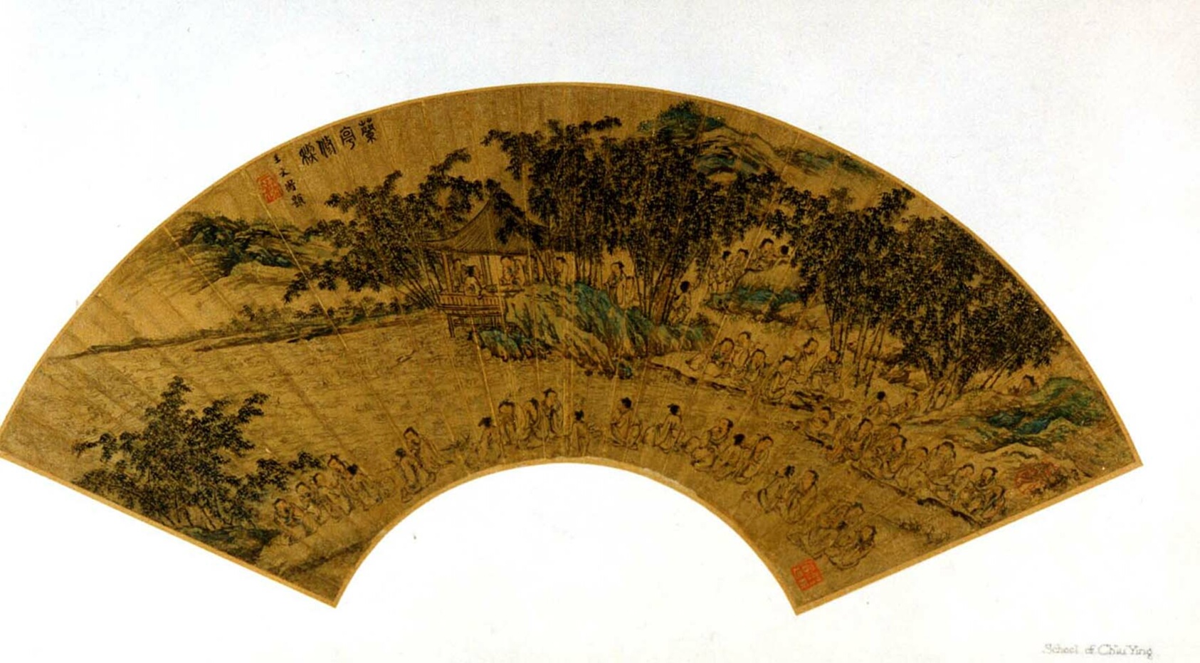 A work made of folding fan mounted as an album leaf; ink and color on gold paper.