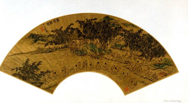 A work made of folding fan mounted as an album leaf; ink and color on gold paper.