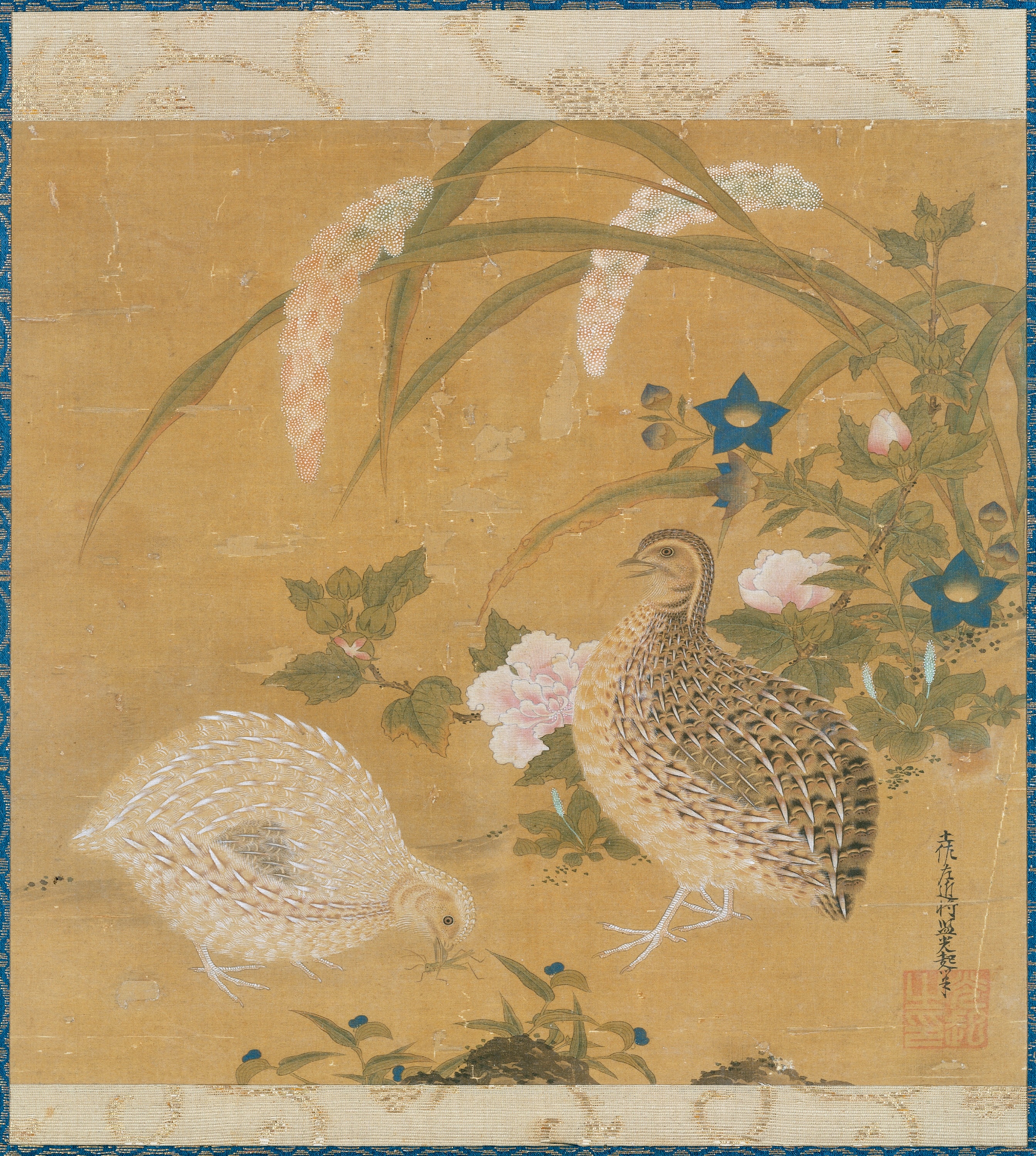 Kwartels, krekel, gierst en bloemen by Tosa Mitsuoki
