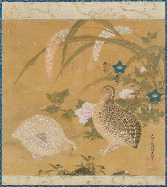 Kwartels, krekel, gierst en bloemen by Tosa Mitsuoki