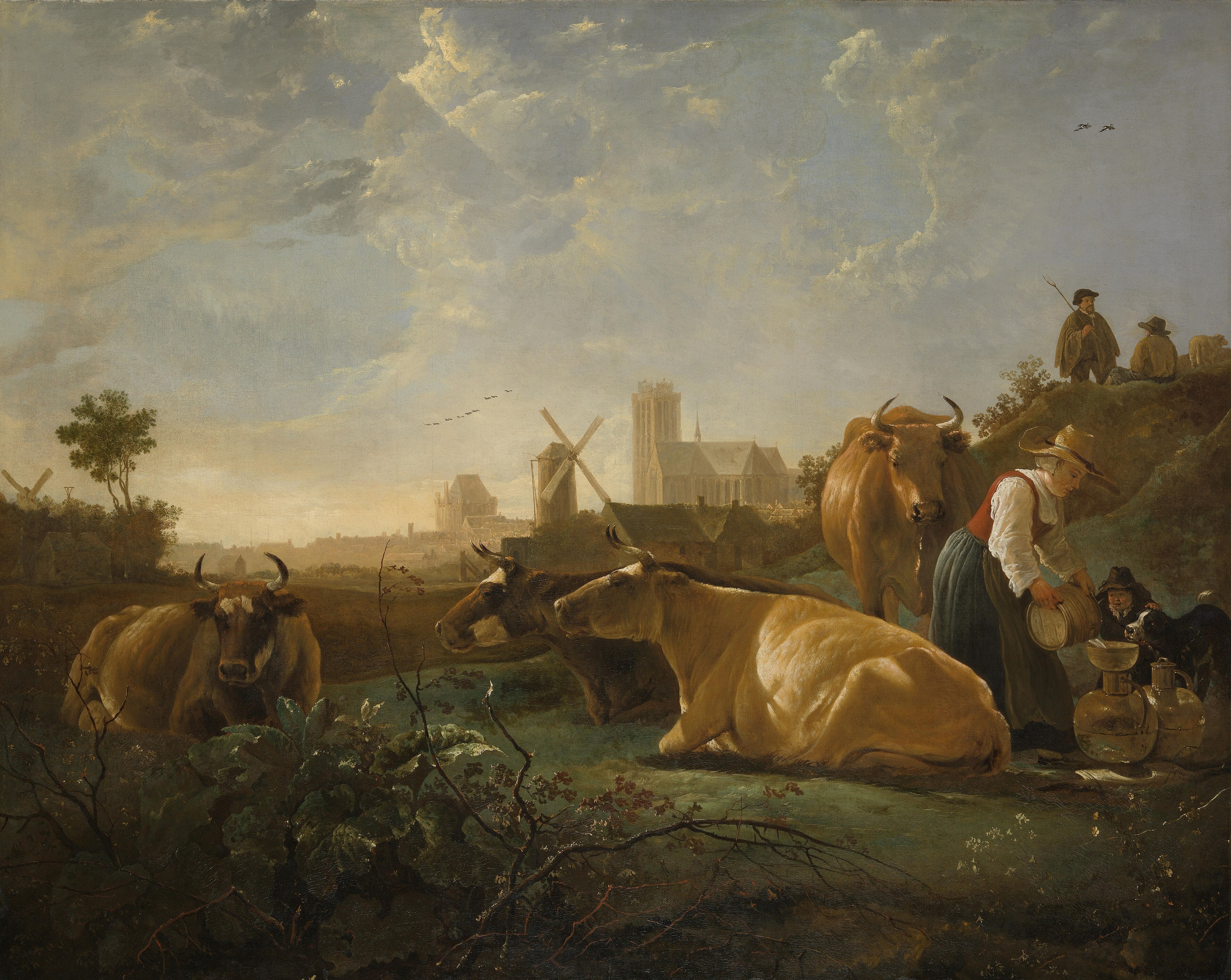 A Distant View of Dordrecht, with a Milkmaid and Four Cows, and Other Figures ('The Large Dort') by Aelbert Cuyp