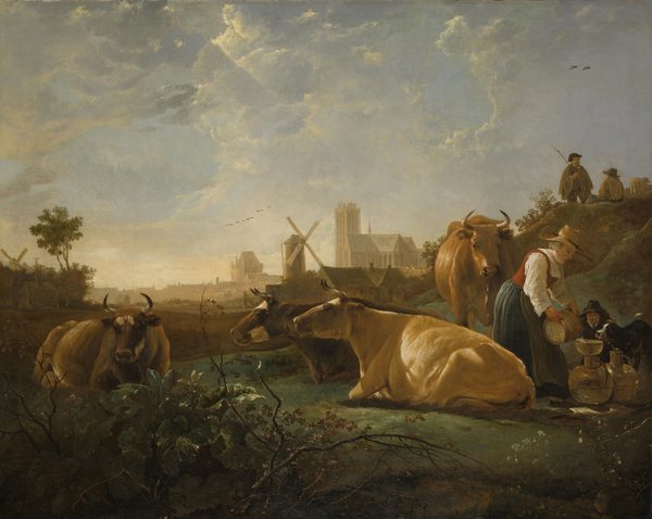 A Distant View of Dordrecht, with a Milkmaid and Four Cows, and Other Figures ('The Large Dort') by Aelbert Cuyp